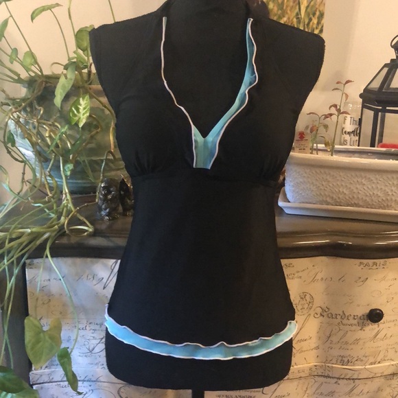 EKOUEAR HALTER TANKINI TOP BLACK WITH BLUE RUFFLE TRIM SIZE SMALL NEW WITH TAGS - Picture 3 of 12
